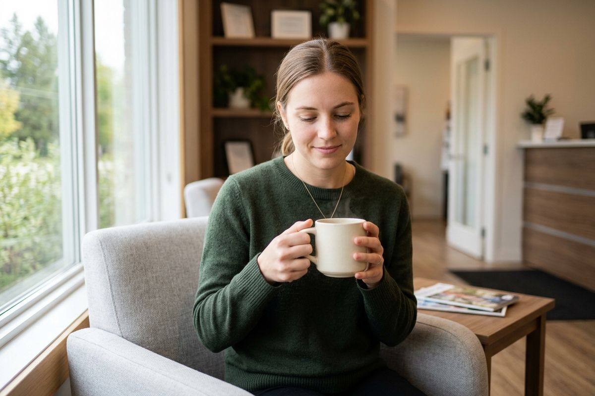 A person is drinking coffee on the couch.