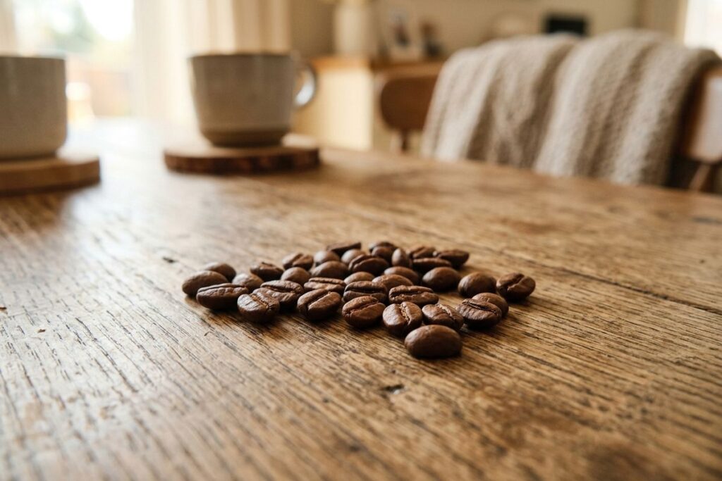 Coffee beans are on the table. 