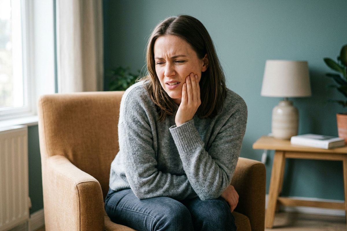 Adult sitting in an armchair holding one hand to their jaw, wincing, in a home living room.