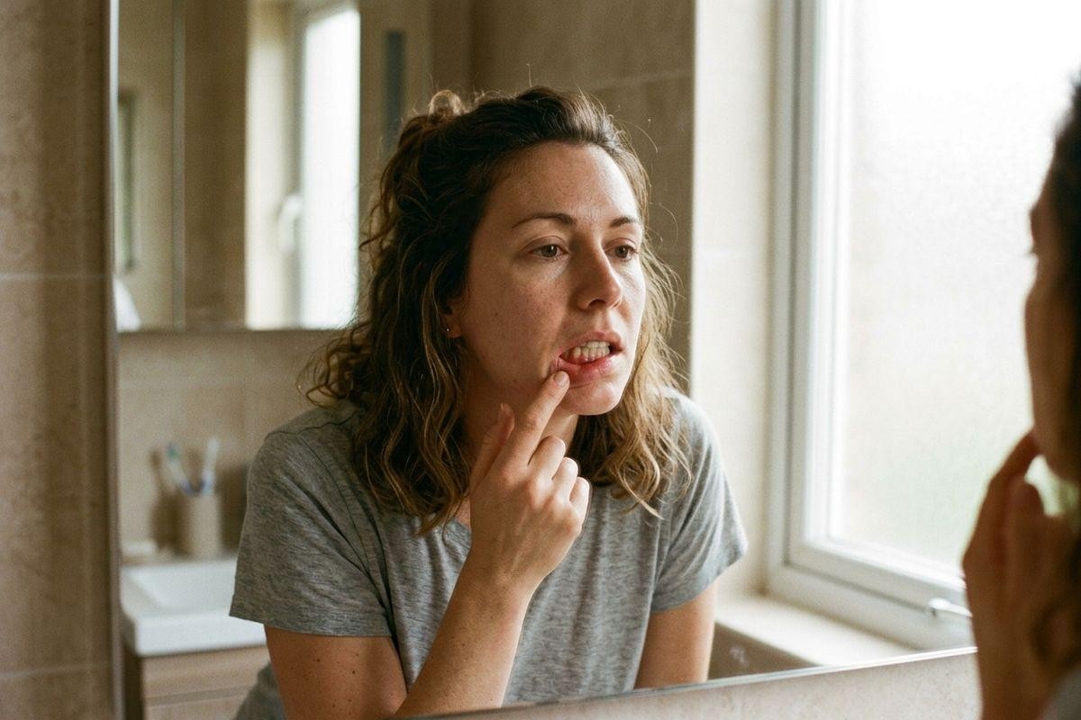 Adult examining their mouth in a bathroom mirror, pressing a finger to their lower lip while looking closely at their reflection.