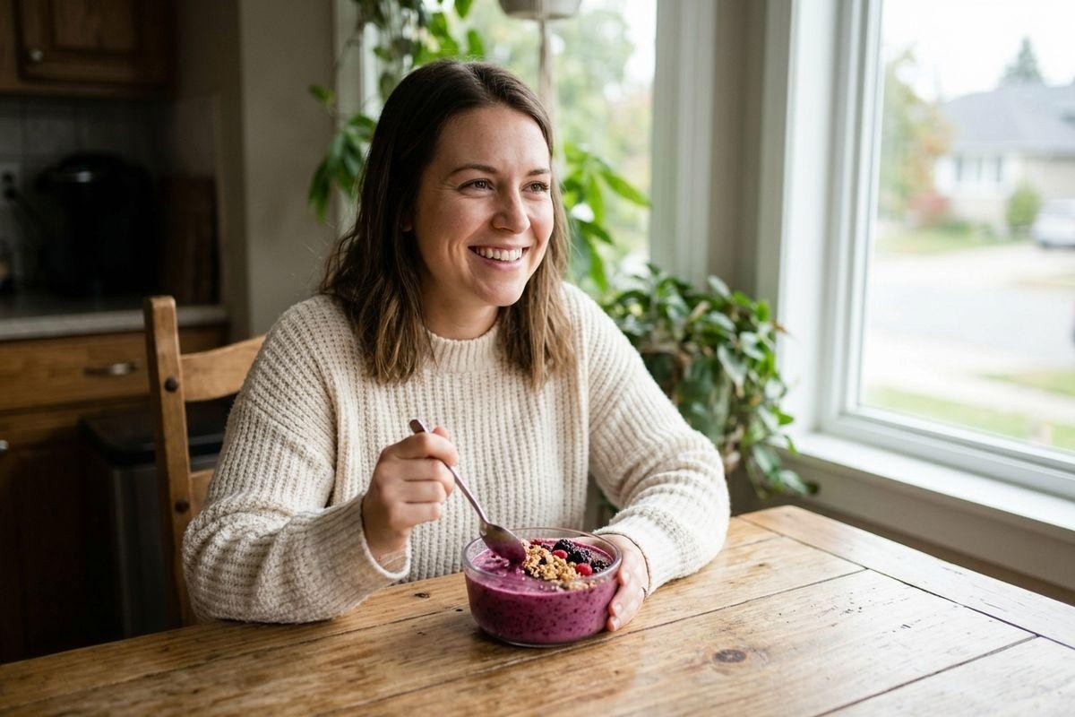Smiling person in a cream sweater eating a purple smoothie bowl with berries and granola at a wooden table by a bright window.